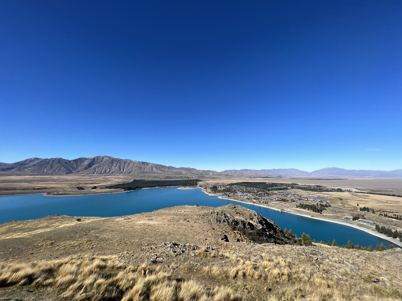 View of part of Lake Tekapo and the nearby town